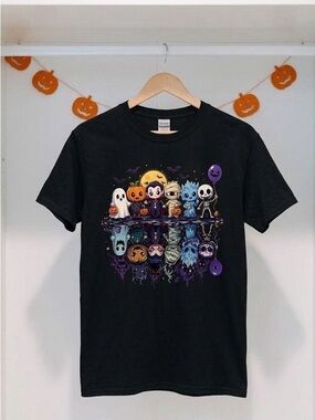Cute Spooky Halloween Monsters Water Reflection Graphic T-Shirt Black Tee